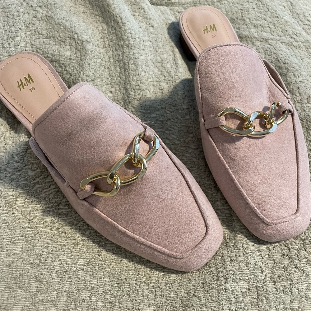 H&M Light Pink Mules w/ Gold Chain Embellishment